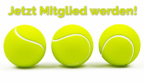 Drei gelbe Tennisb&auml;lle nebeneinander mit dem Text "Jetzt Mitglied werden!" dar&uuml;ber.