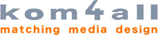 Grauer Text "kom4all" oben, orangefarbener Text "matching media design" unten auf wei&szlig;em Hintergrund.