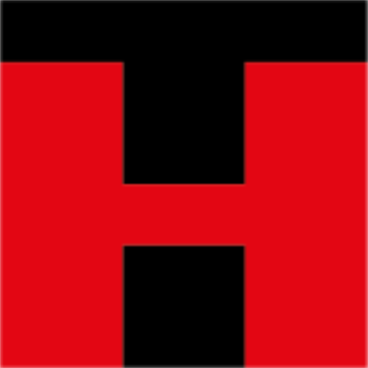 Ein stilisiertes Logo mit einem gro&szlig;en roten Buchstaben "H" auf schwarzem Hintergrund.