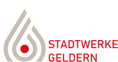 Logo mit stilisiertem Tropfen und rotem Punkt, daneben der Text "STADTWERKE GELDERN" in roter Schrift.
