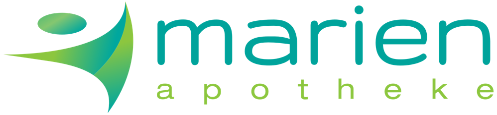 Gr&uuml;nes und blaues Logo mit stilisiertem Symbol links und dem Text "marien apotheke" rechts.
