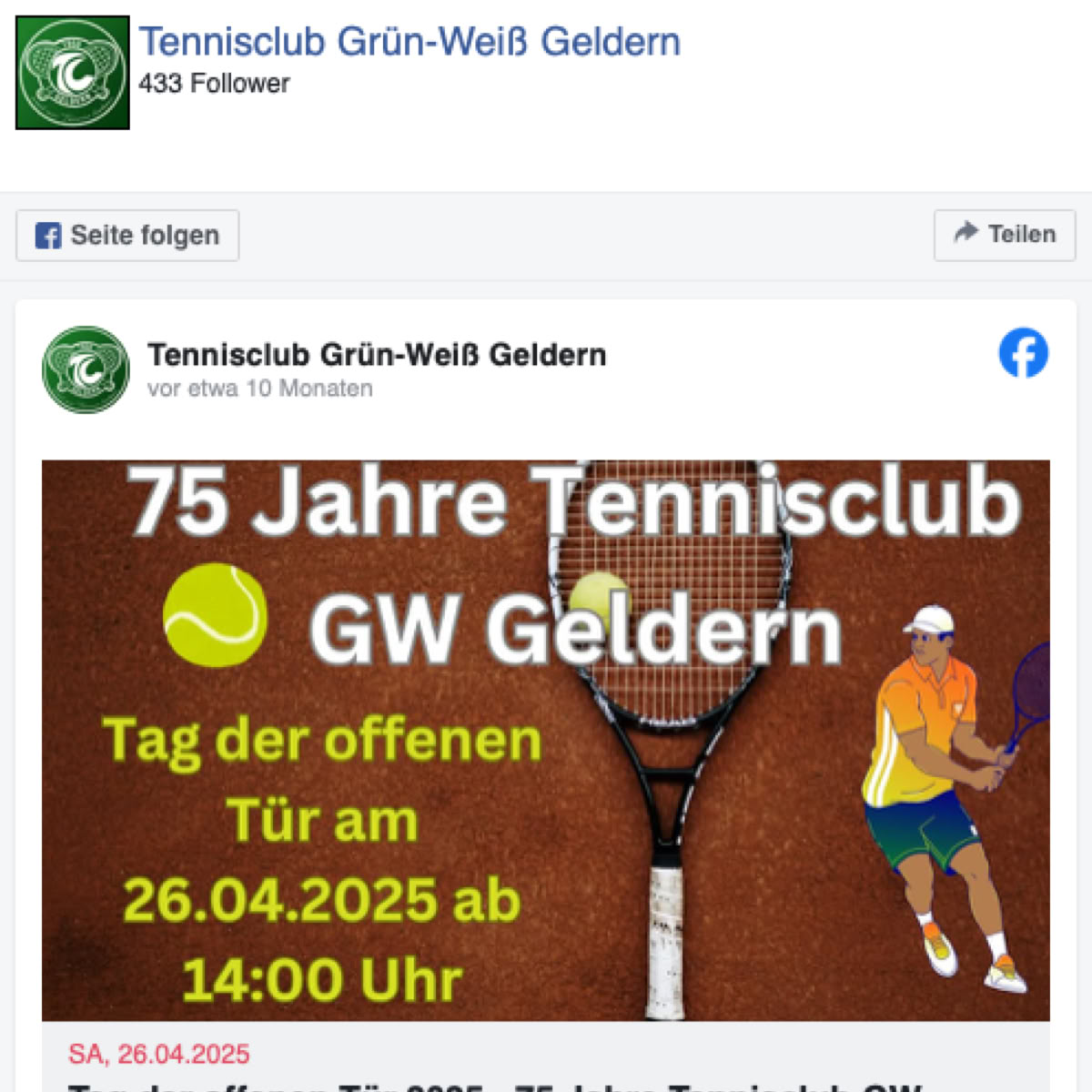 Facebook-Profilansicht vom Tennis-Club Gr&uuml;n Wei&szlig; Geldern 1950