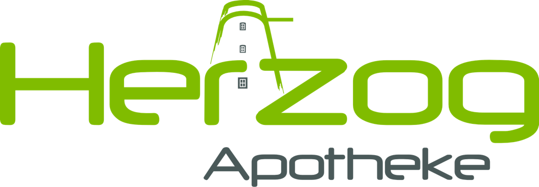Gr&uuml;ner Schriftzug "Herzog" mit stilisiertem Turm &uuml;ber dem "Z", darunter kleiner in Schwarz "Apotheke".