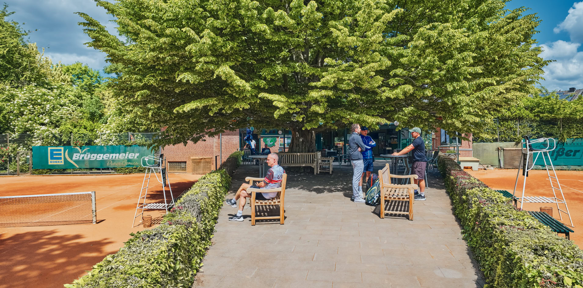 Ein gepflasterter Weg f&uuml;hrt zu einem gro&szlig;en Baum, unter dem Menschen auf St&uuml;hlen sitzen; links und rechts sind Tennispl&auml;tze zu sehen.