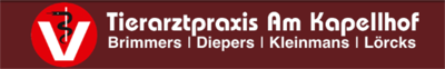 Rotes Logo mit wei&szlig;em V und Stethoskop, daneben Text: "Tierarztpraxis Am Kapellhof Brimmers | Diepers | Kleinmans | Lorcks".
